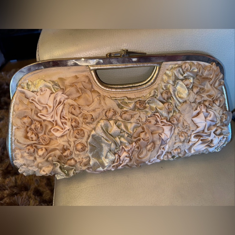 Cesare Paciotti gold gathered silk leather mixed media large clutch
